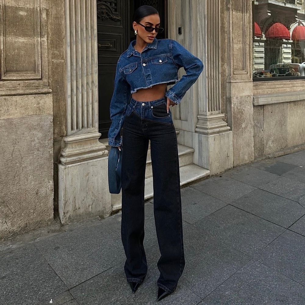 Two-Tone High-Rise Wide-Leg Jeans | Dark Wash | Size XS